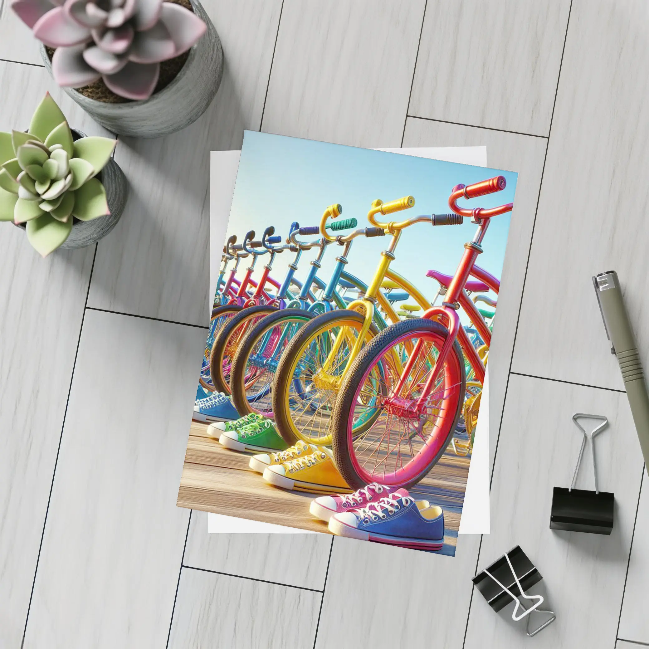 Colorful Bicycles and Sneakers on Boardwalk – Postcards