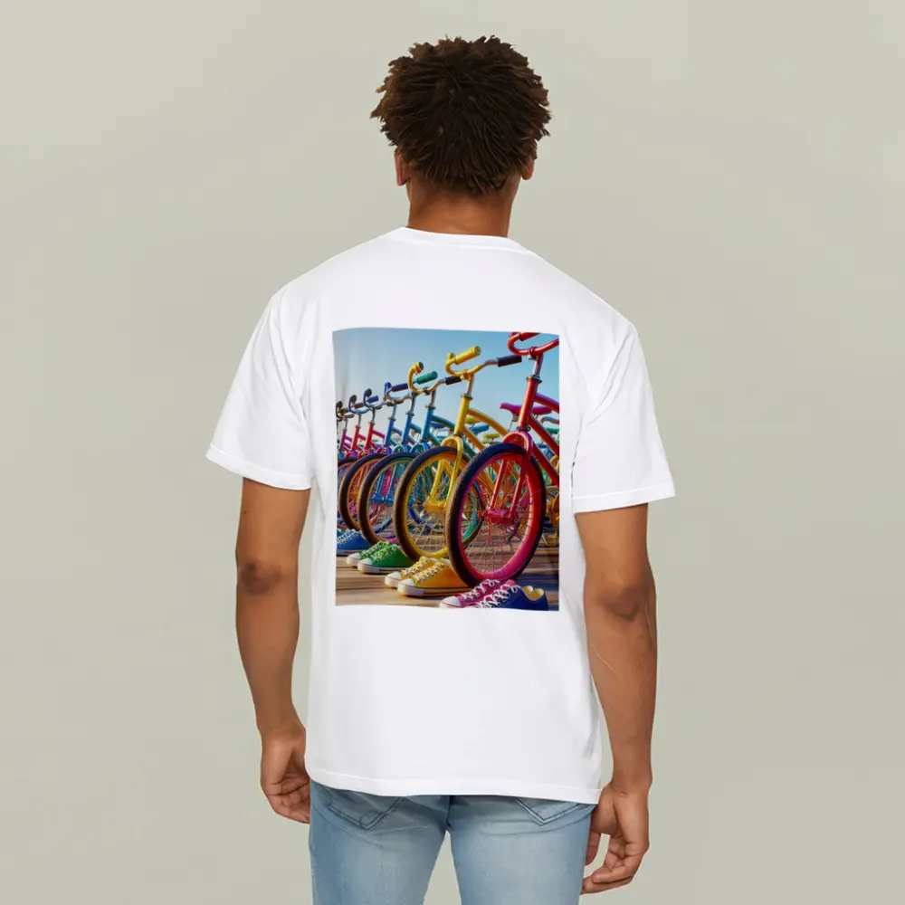 Colorful Bicycles and Sneakers on Boardwalk – T-Shirts