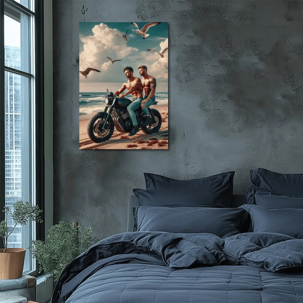 Two Men Cafe Racer Motorcycle Beach Scene – Wall Art