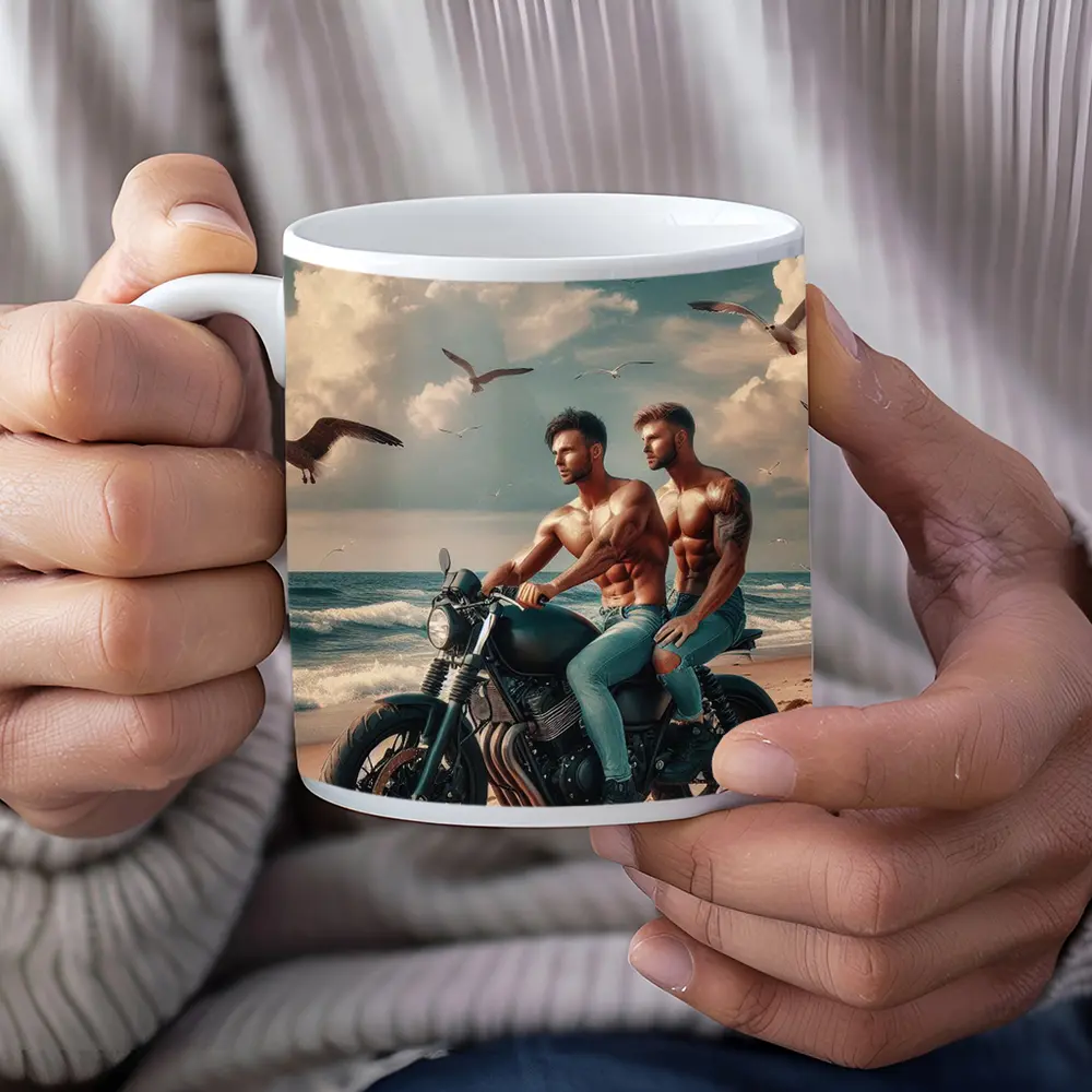 Two Men Cafe Racer Motorcycle Beach Scene – Mugs