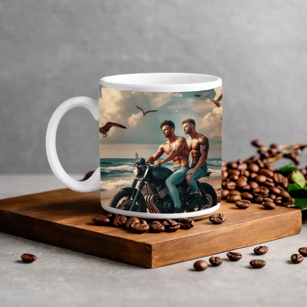 Two Men Cafe Racer Motorcycle Beach Scene – Mugs