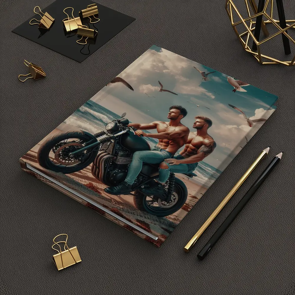 Two Men Cafe Racer Motorcycle Beach Scene – Notebooks
