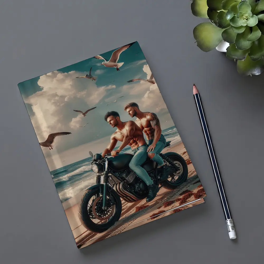 Two Men Cafe Racer Motorcycle Beach Scene – Notebooks
