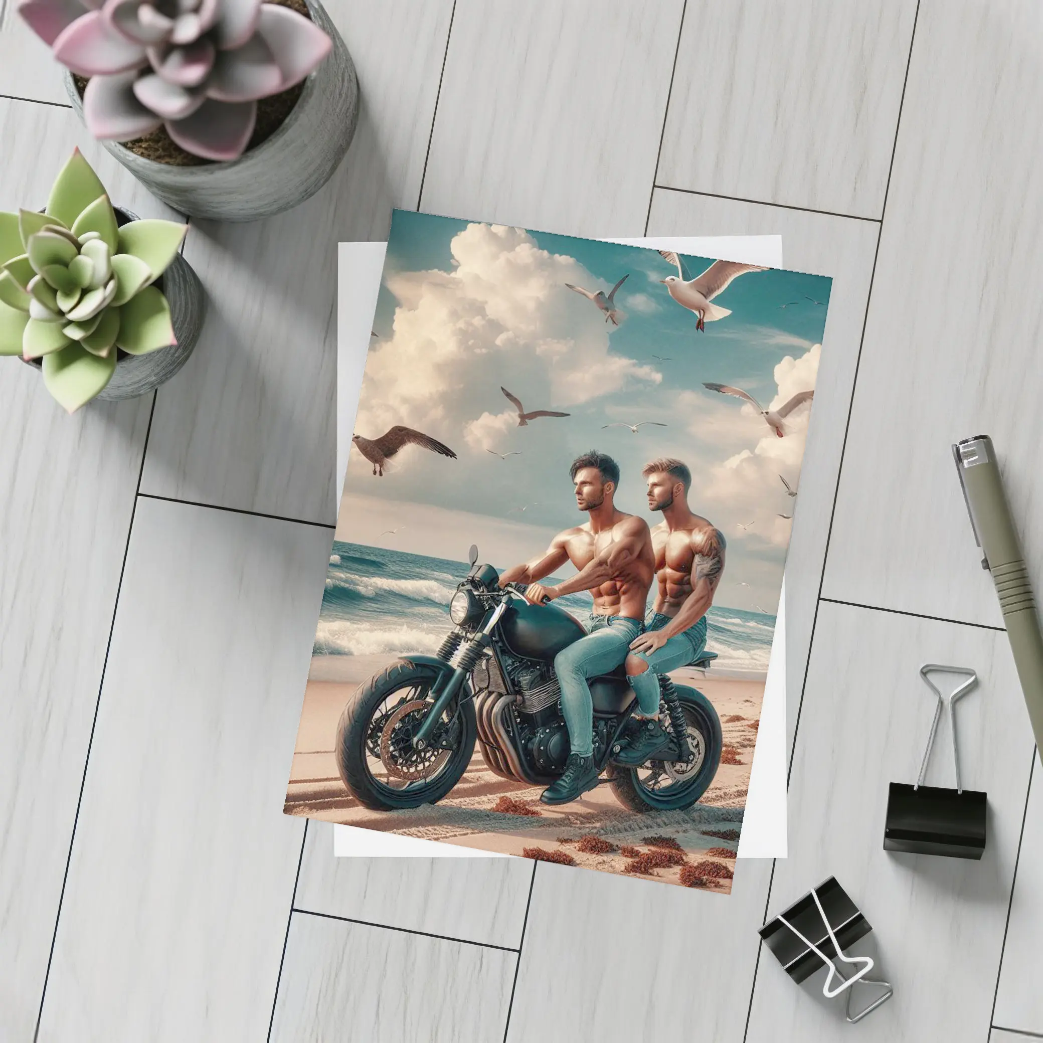 Two Men Cafe Racer Motorcycle Beach Scene – Postcards