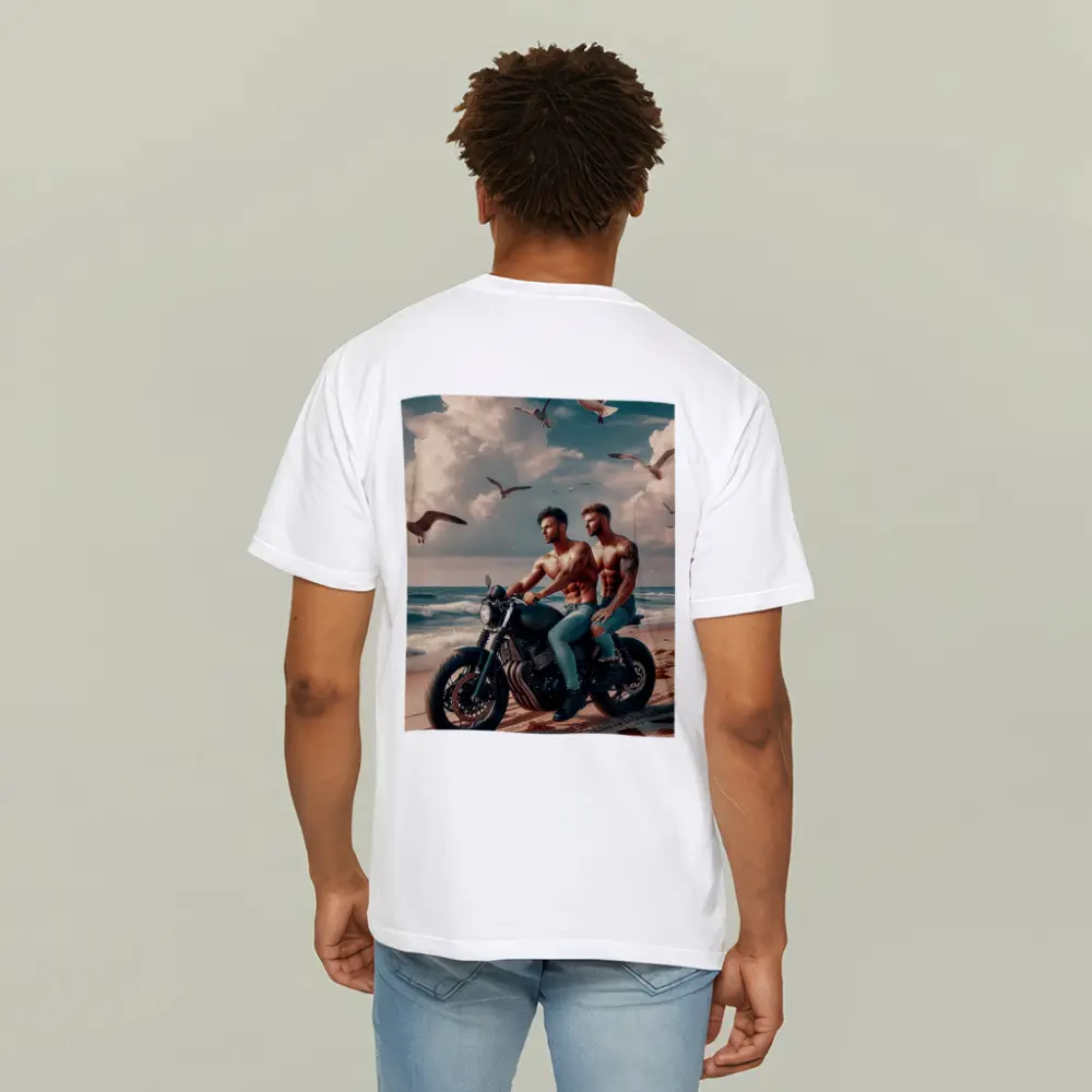 Two Men Cafe Racer Motorcycle Beach Scene – T-Shirts