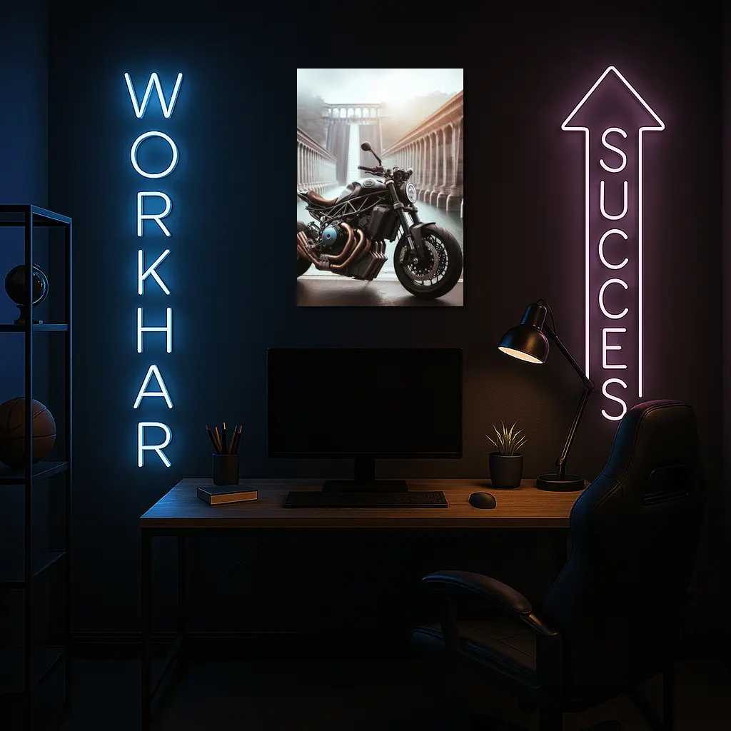 Dark Naked Streetfighter Motorcycle Near Concrete Dam – Wall Art