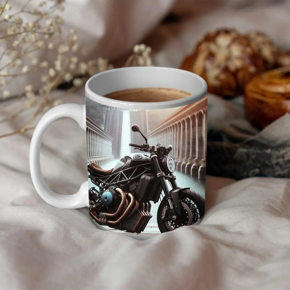 Dark Naked Streetfighter Motorcycle Near Concrete Dam – Mugs