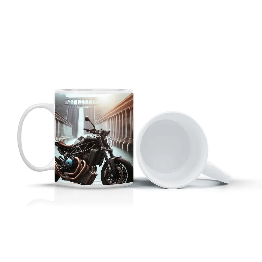 Dark Naked Streetfighter Motorcycle Near Concrete Dam – Mugs