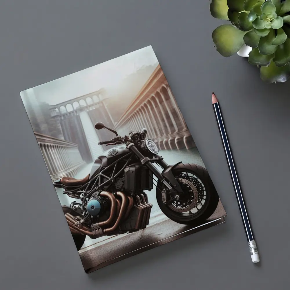 Dark Naked Streetfighter Motorcycle Near Concrete Dam – Notebooks