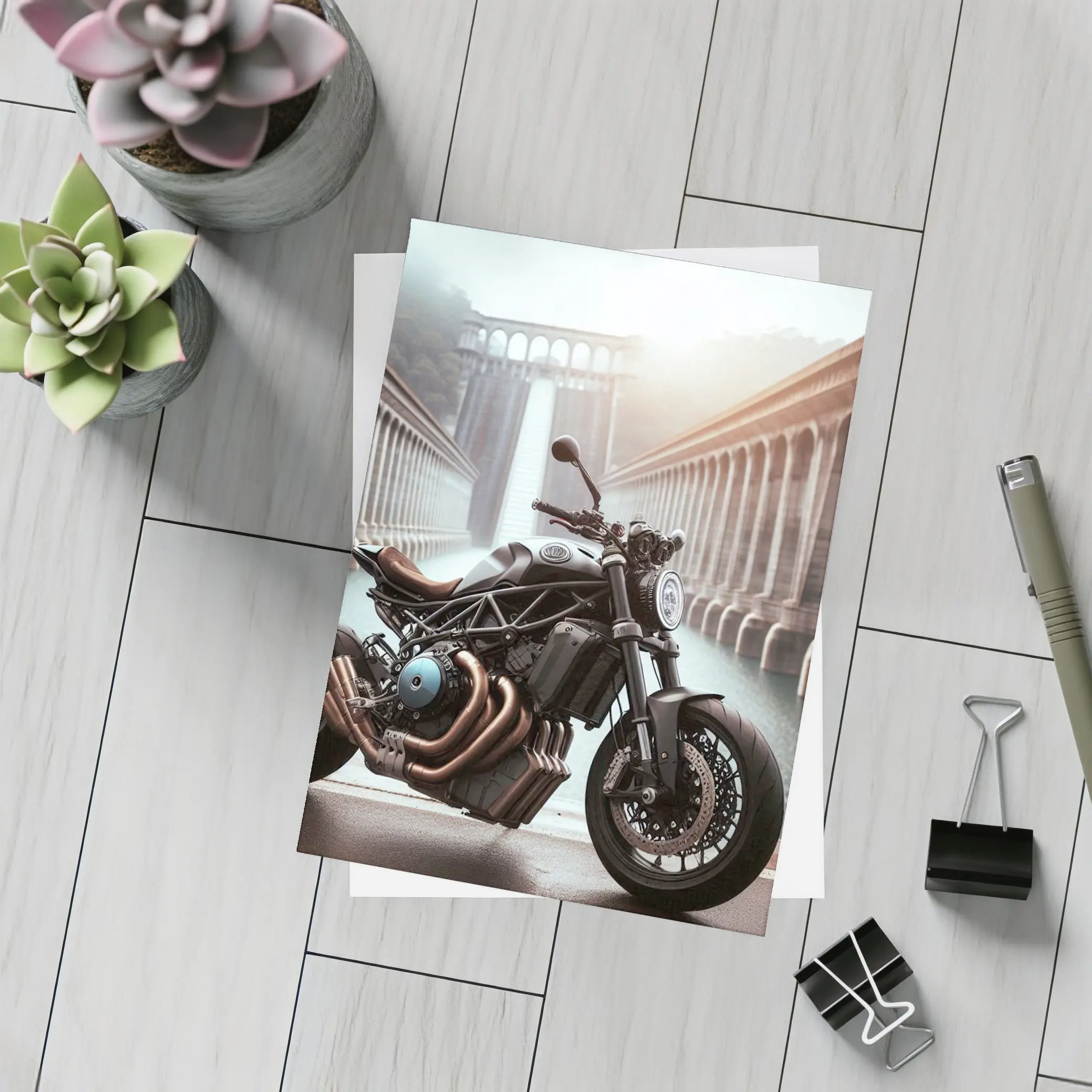Dark Naked Streetfighter Motorcycle Near Concrete Dam – Postcards