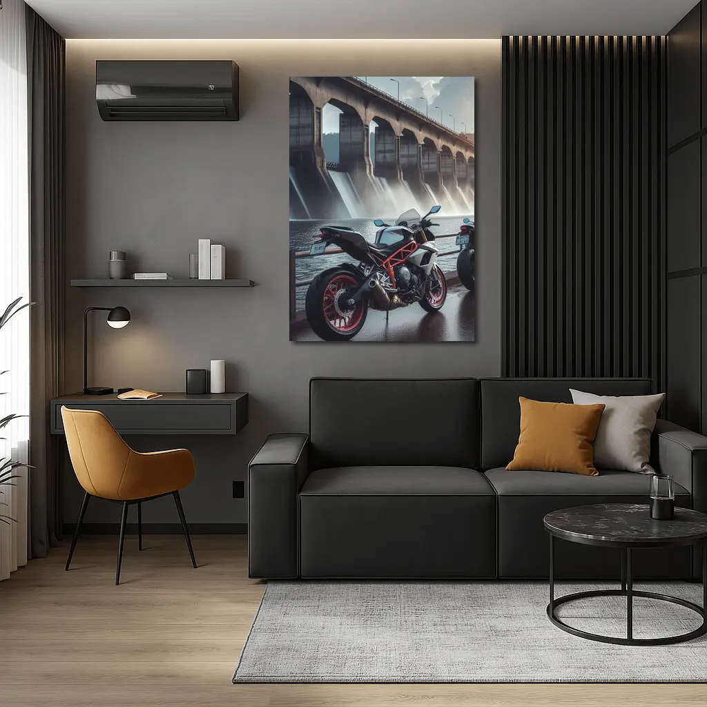 Sport Bike Parked Near Massive Dam – Wall Art