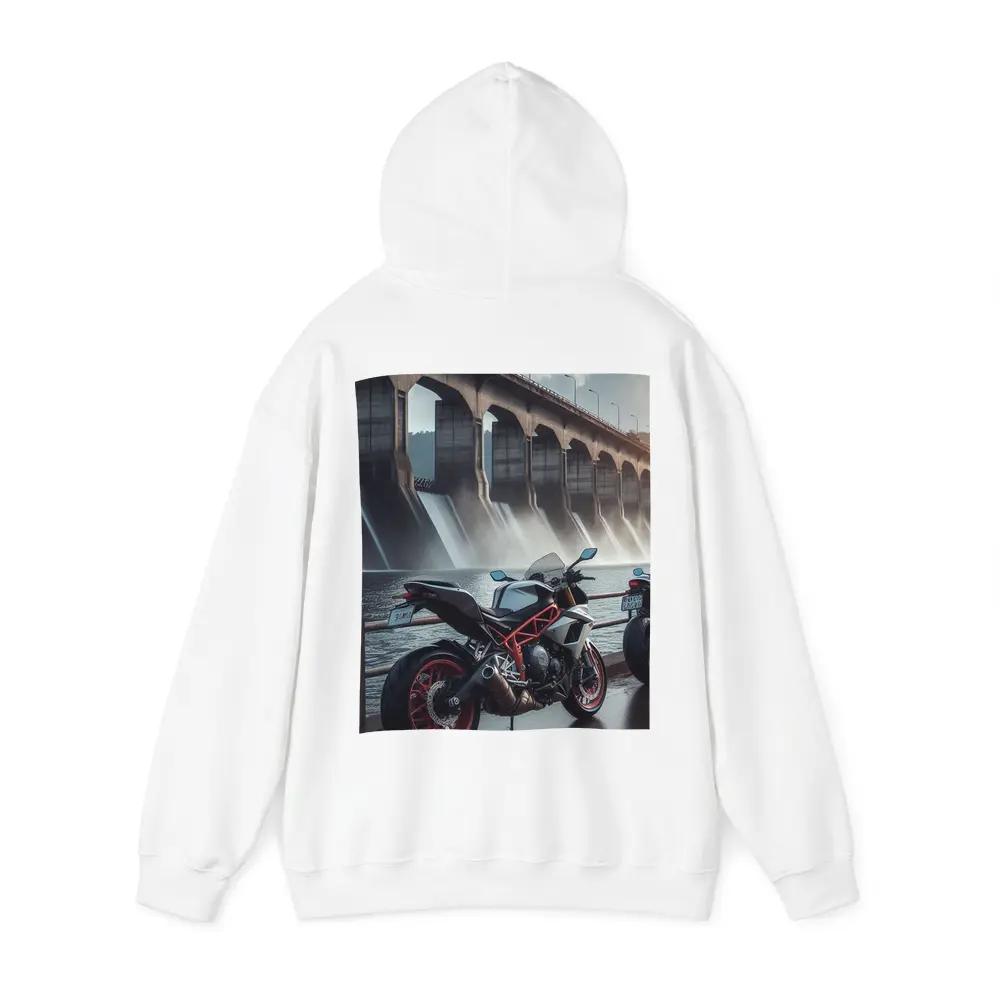 Sport Bike Parked Near Massive Dam – Hoodies