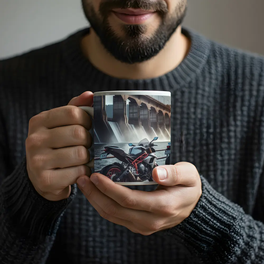 Sport Bike Parked Near Massive Dam – Mugs