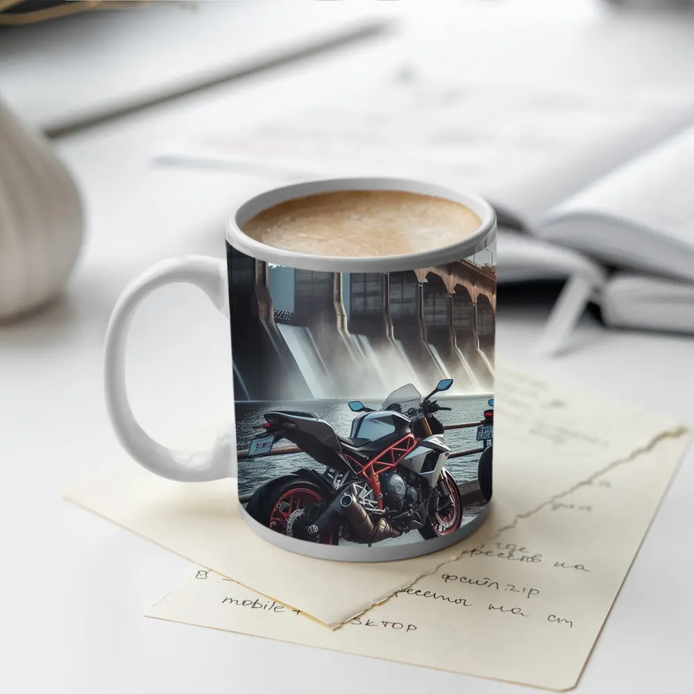 Sport Bike Parked Near Massive Dam – Mugs
