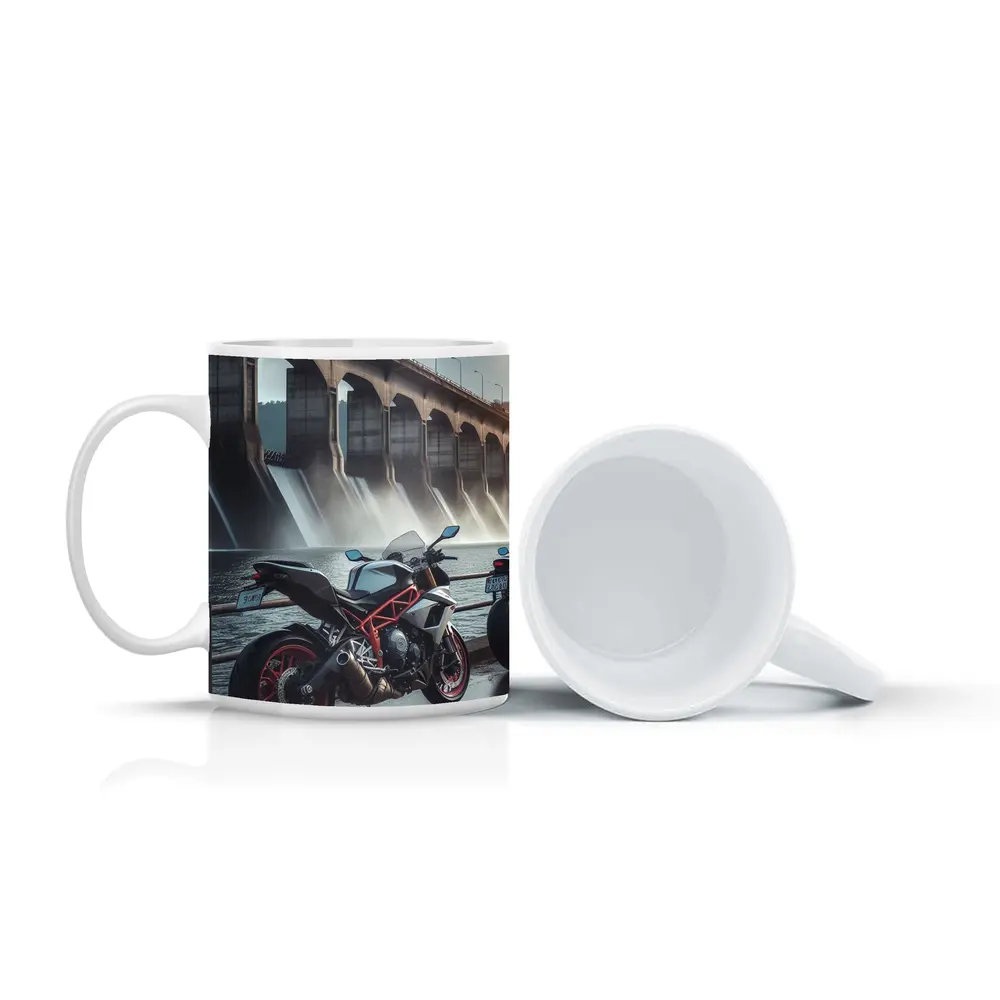 Sport Bike Parked Near Massive Dam – Mugs
