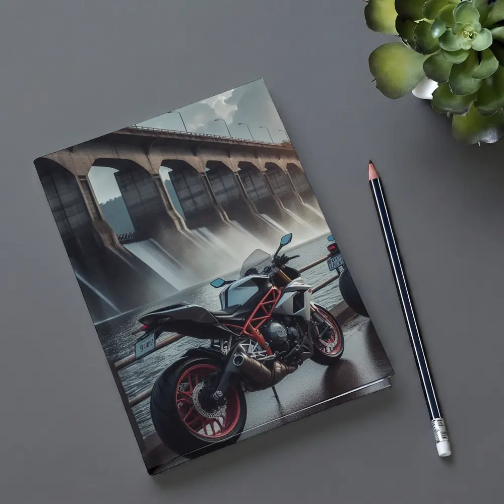 Sport Bike Parked Near Massive Dam – Notebooks