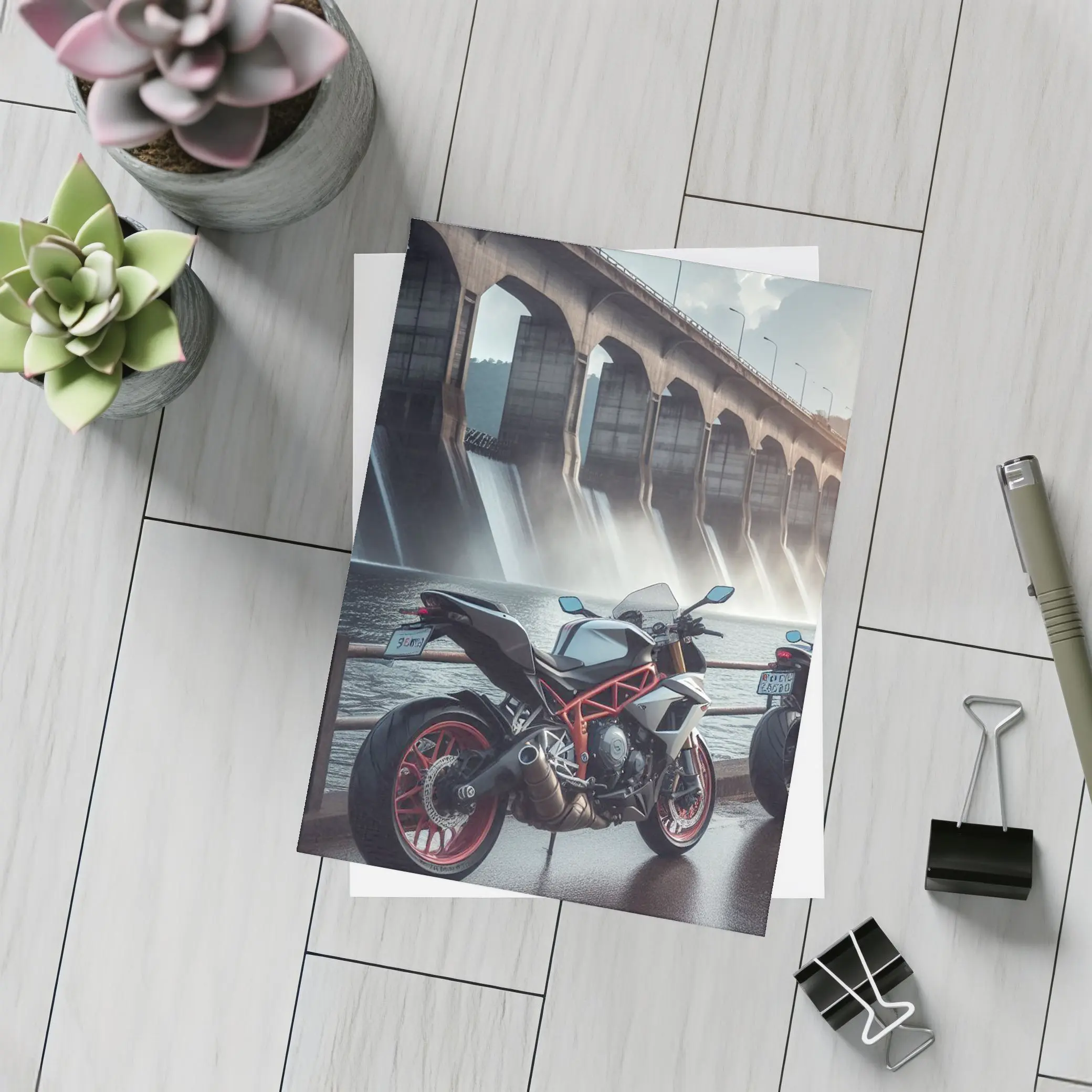 Sport Bike Parked Near Massive Dam – Postcards