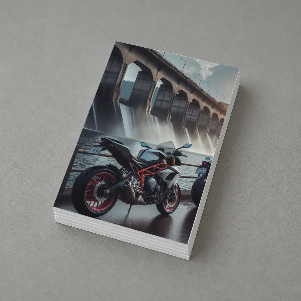 Sport Bike Parked Near Massive Dam – Postcards