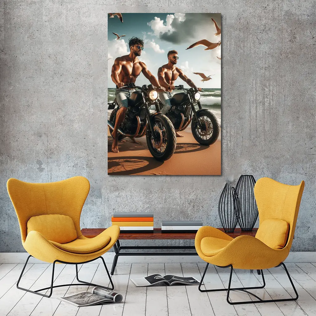 Muscular Men Riding Motorcycles on Beach – Wall Art