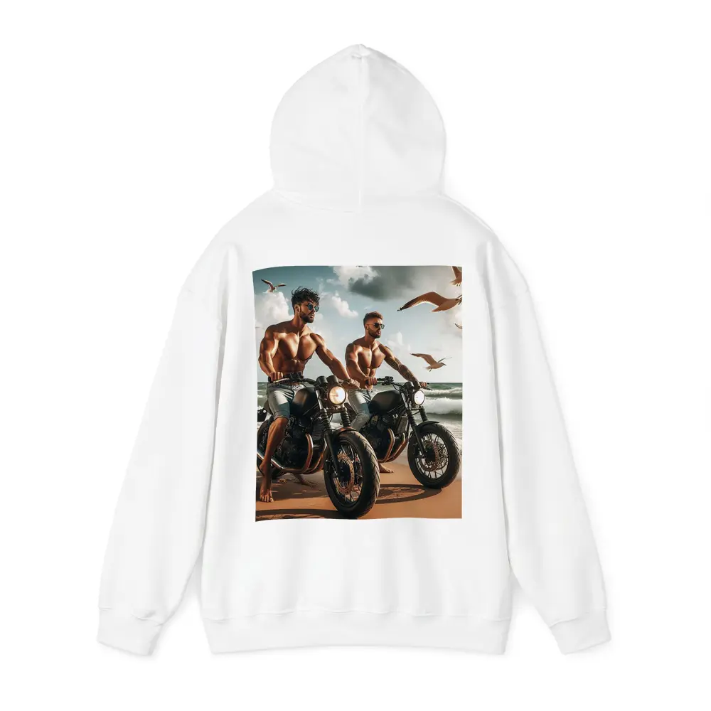 Muscular Men Riding Motorcycles on Beach – Hoodies