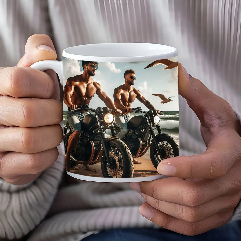 Muscular Men Riding Motorcycles on Beach – Mugs