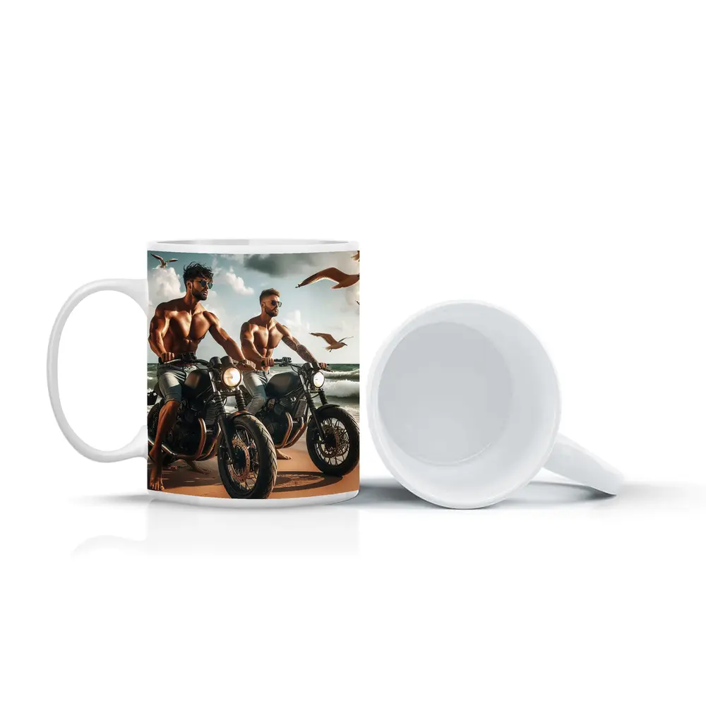 Muscular Men Riding Motorcycles on Beach – Mugs