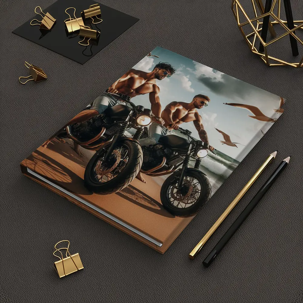 Muscular Men Riding Motorcycles on Beach – Notebooks