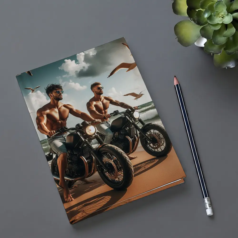 Muscular Men Riding Motorcycles on Beach – Notebooks