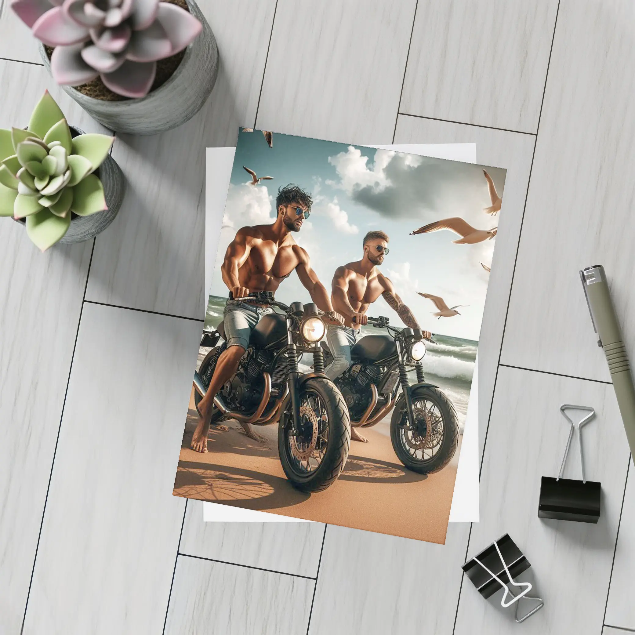 Muscular Men Riding Motorcycles on Beach – Postcards