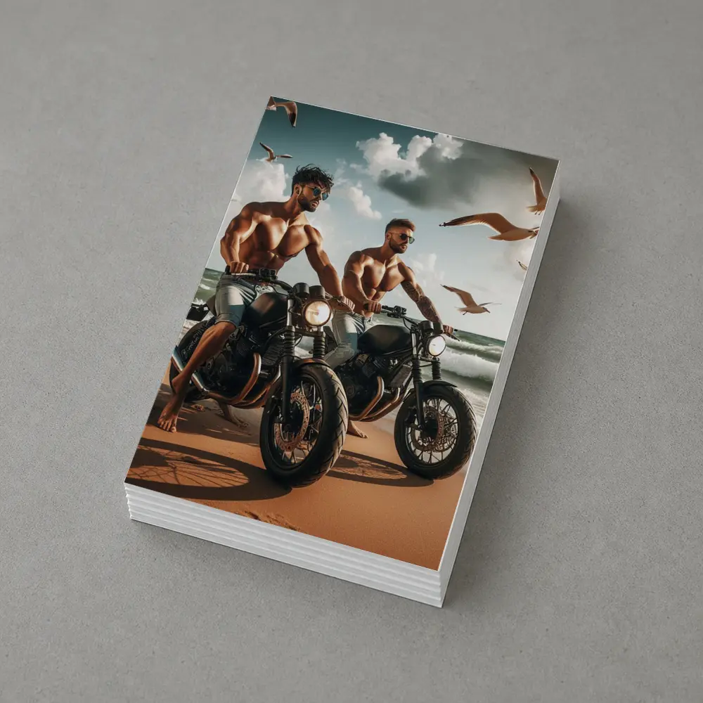 Muscular Men Riding Motorcycles on Beach – Postcards