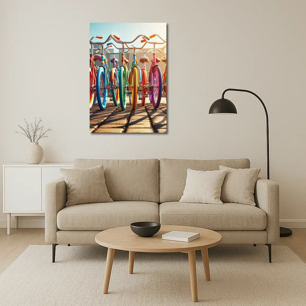 Colorful Retro Bicycles Parked Sunny Street – Wall Art