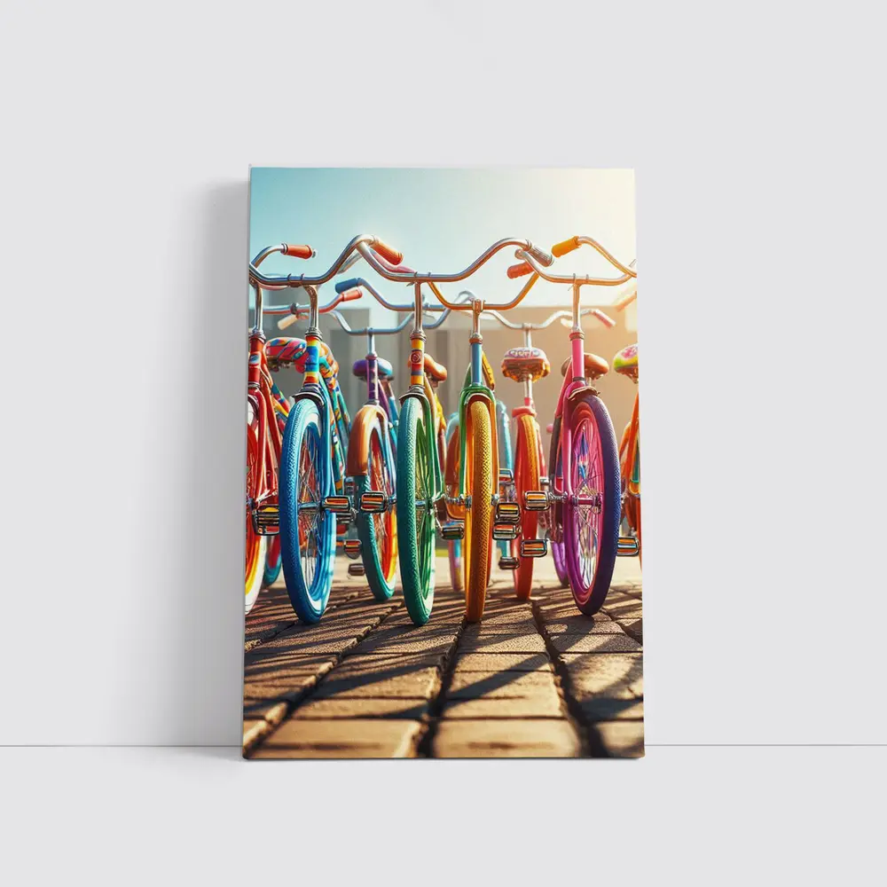 Colorful Retro Bicycles Parked Sunny Street – Wall Art