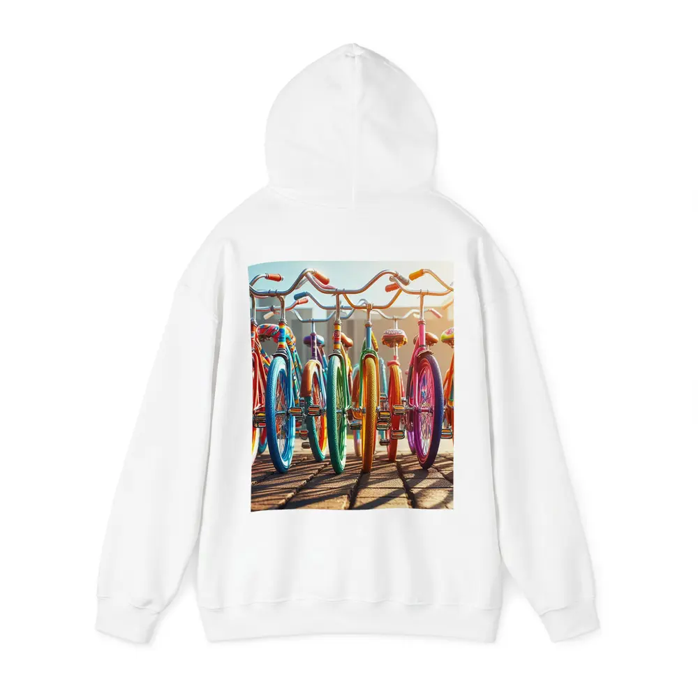 Colorful Retro Bicycles Parked Sunny Street – Hoodies