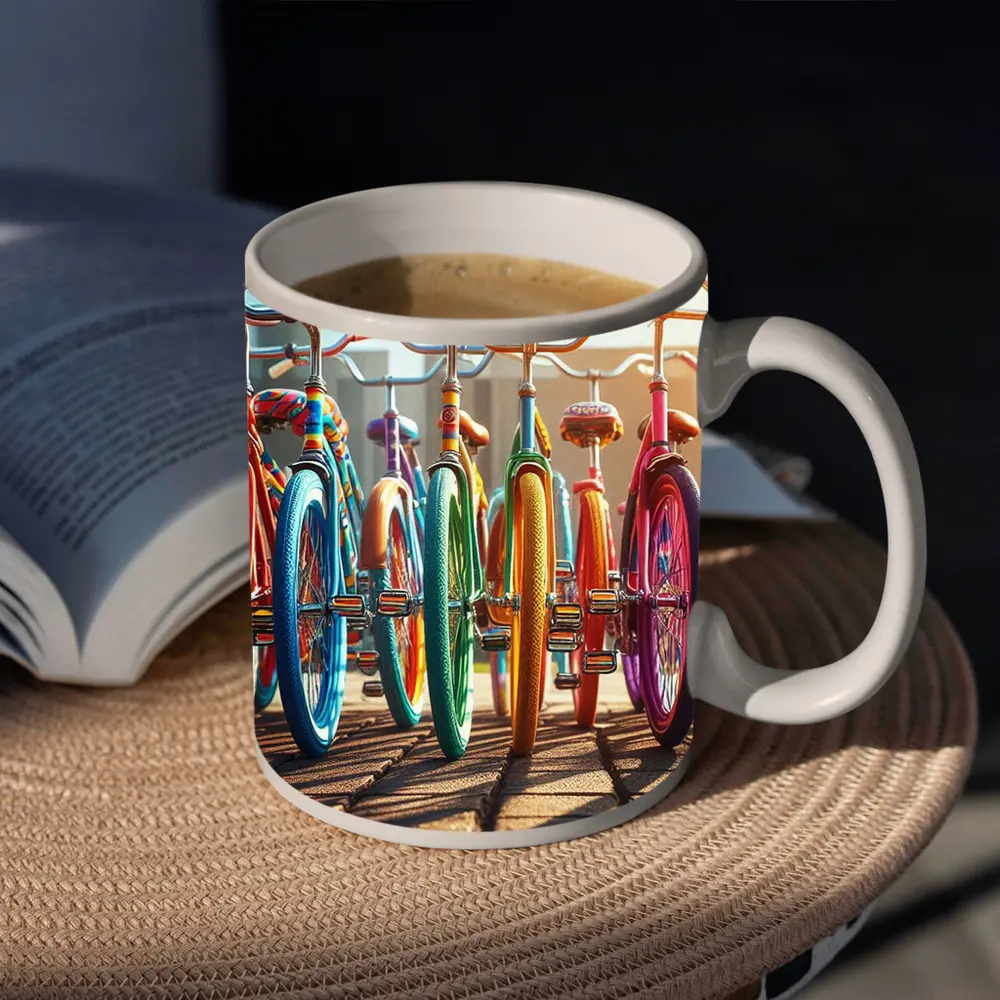 Colorful Retro Bicycles Parked Sunny Street – Mugs
