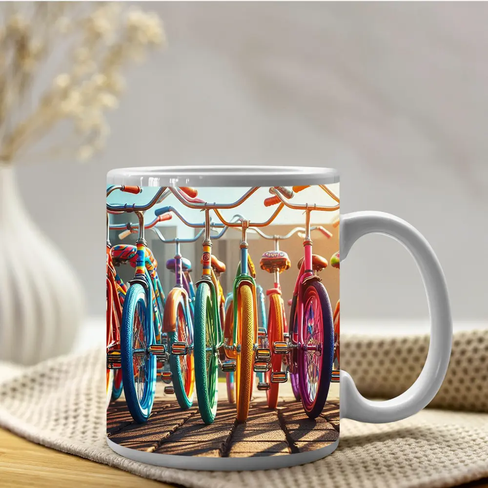 Colorful Retro Bicycles Parked Sunny Street – Mugs