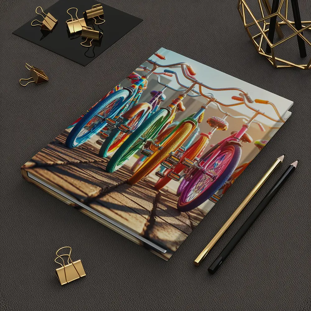 Colorful Retro Bicycles Parked Sunny Street – Notebooks