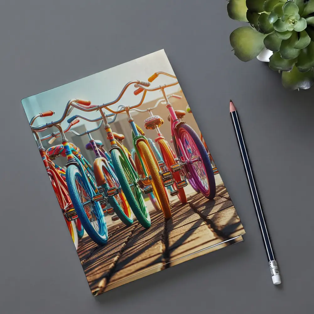 Colorful Retro Bicycles Parked Sunny Street – Notebooks