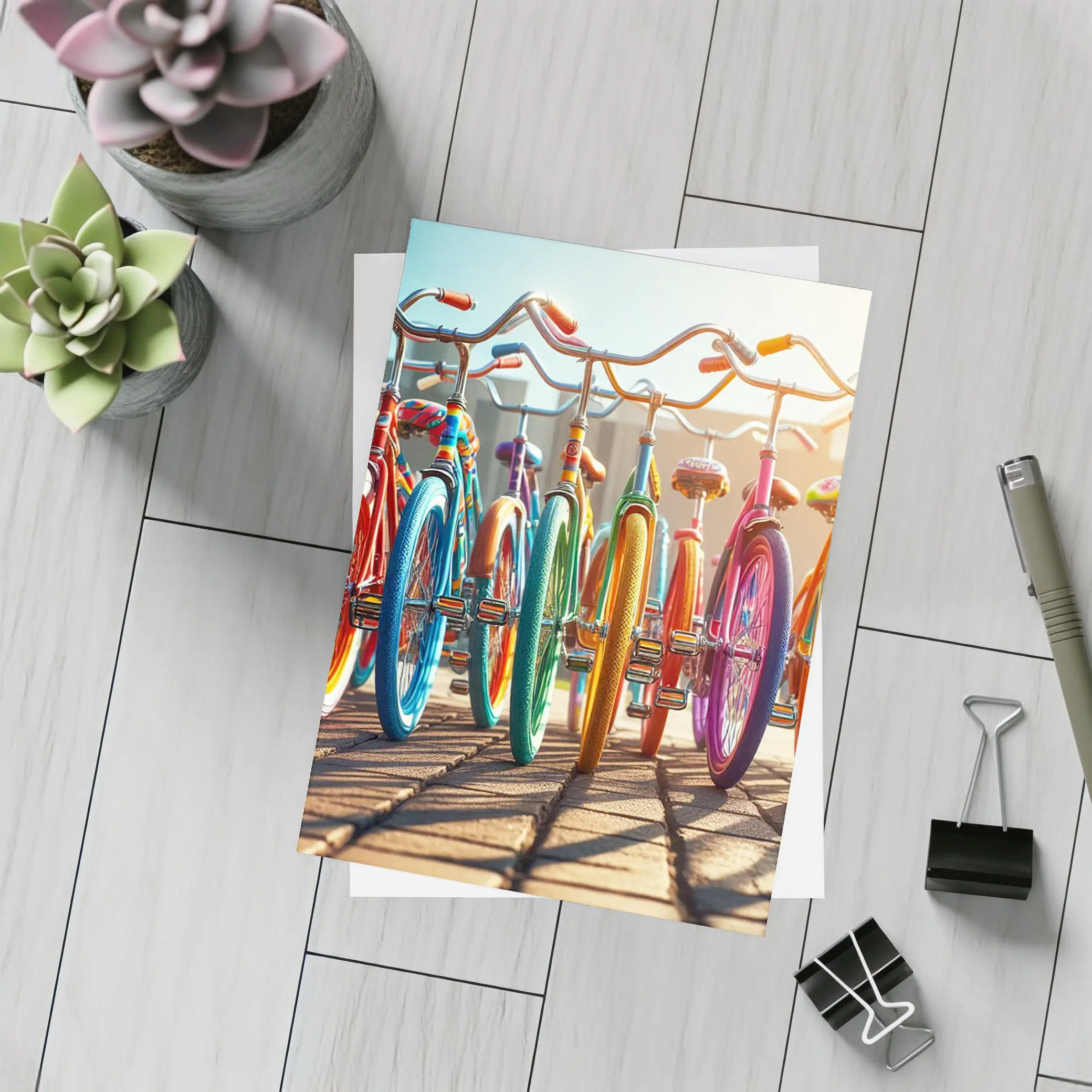 Colorful Retro Bicycles Parked Sunny Street – Postcards