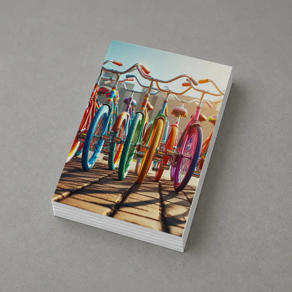 Colorful Retro Bicycles Parked Sunny Street – Postcards