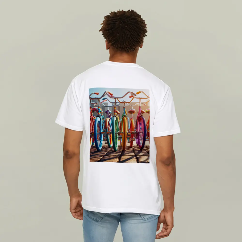 Colorful Retro Bicycles Parked Sunny Street – T-Shirts