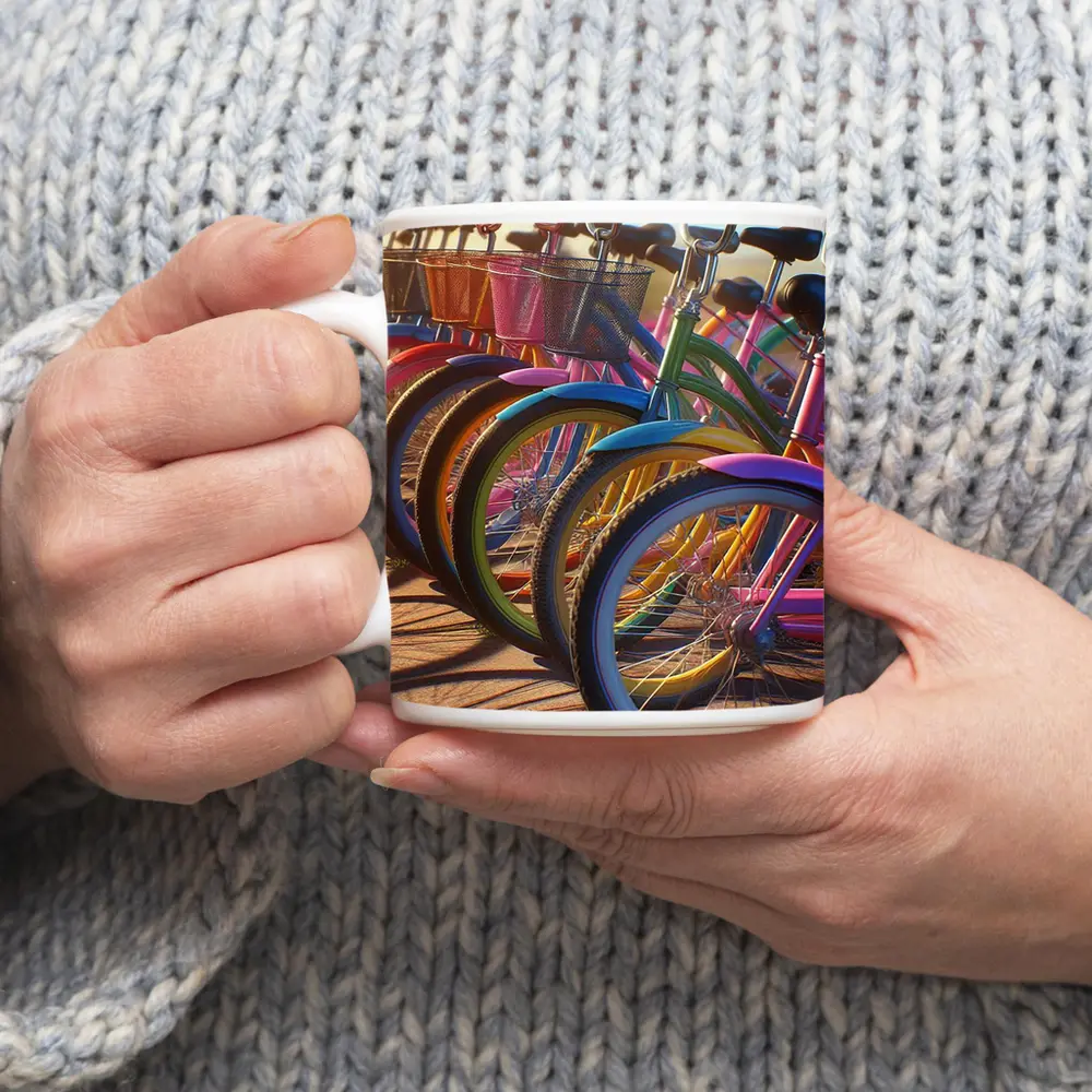 Colorful Beach Cruiser Bicycles Parked in Row – Mugs