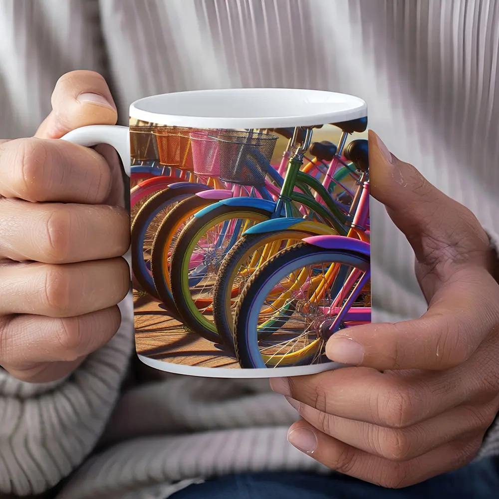 Colorful Beach Cruiser Bicycles Parked in Row – Mugs