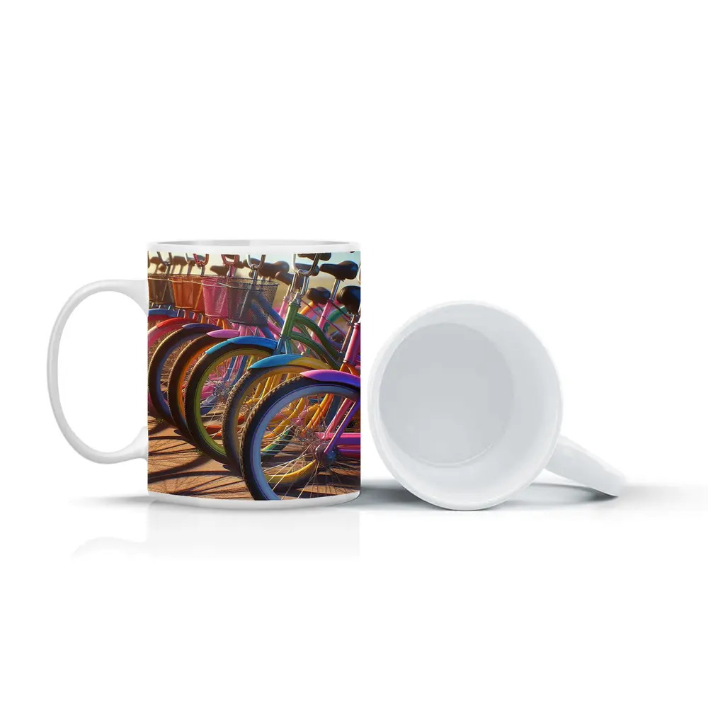 Colorful Beach Cruiser Bicycles Parked in Row – Mugs