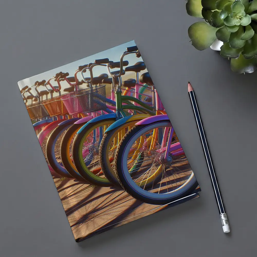 Colorful Beach Cruiser Bicycles Parked in Row – Notebooks