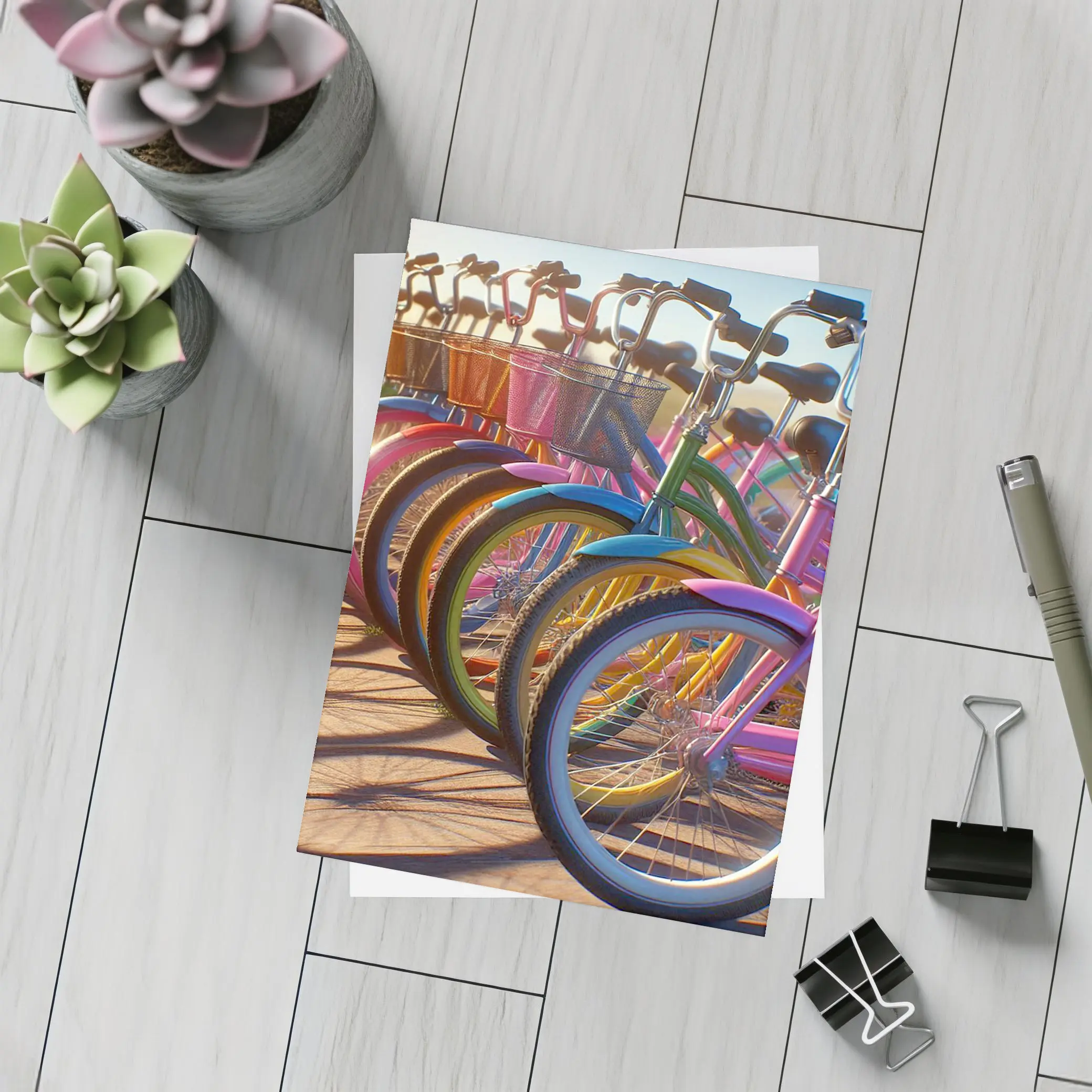 Colorful Beach Cruiser Bicycles Parked in Row – Postcards