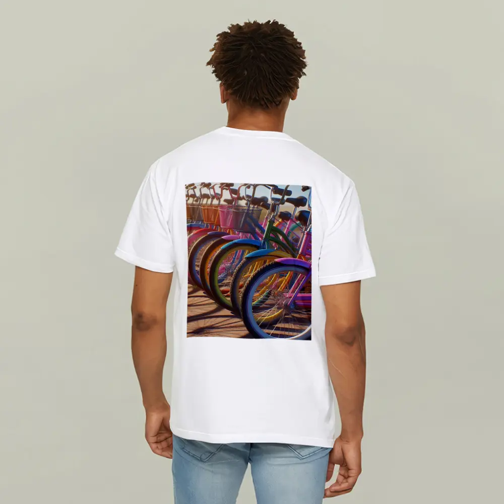 Colorful Beach Cruiser Bicycles Parked in Row – T-Shirts