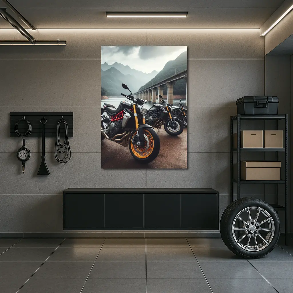 Naked Sport Bikes Parked By Mountain Bridge – Wall Art