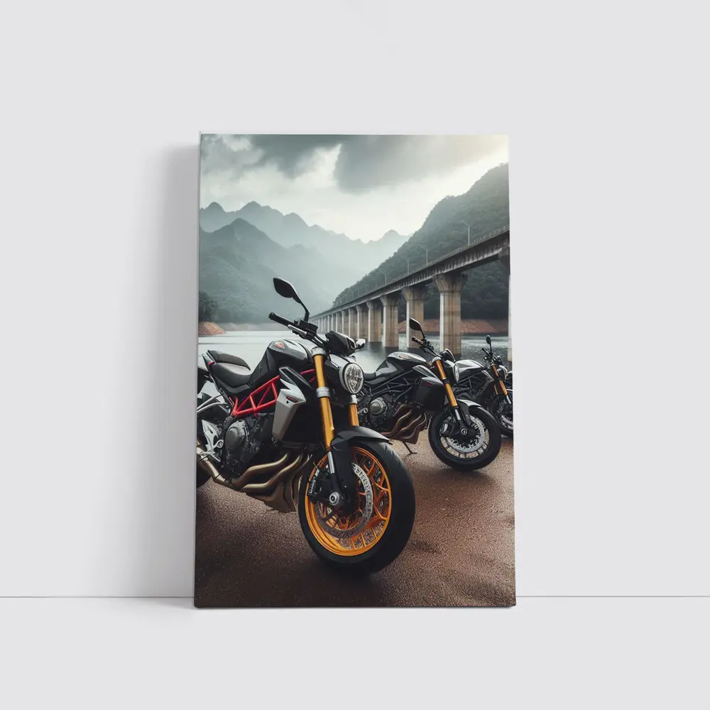 Naked Sport Bikes Parked By Mountain Bridge – Wall Art