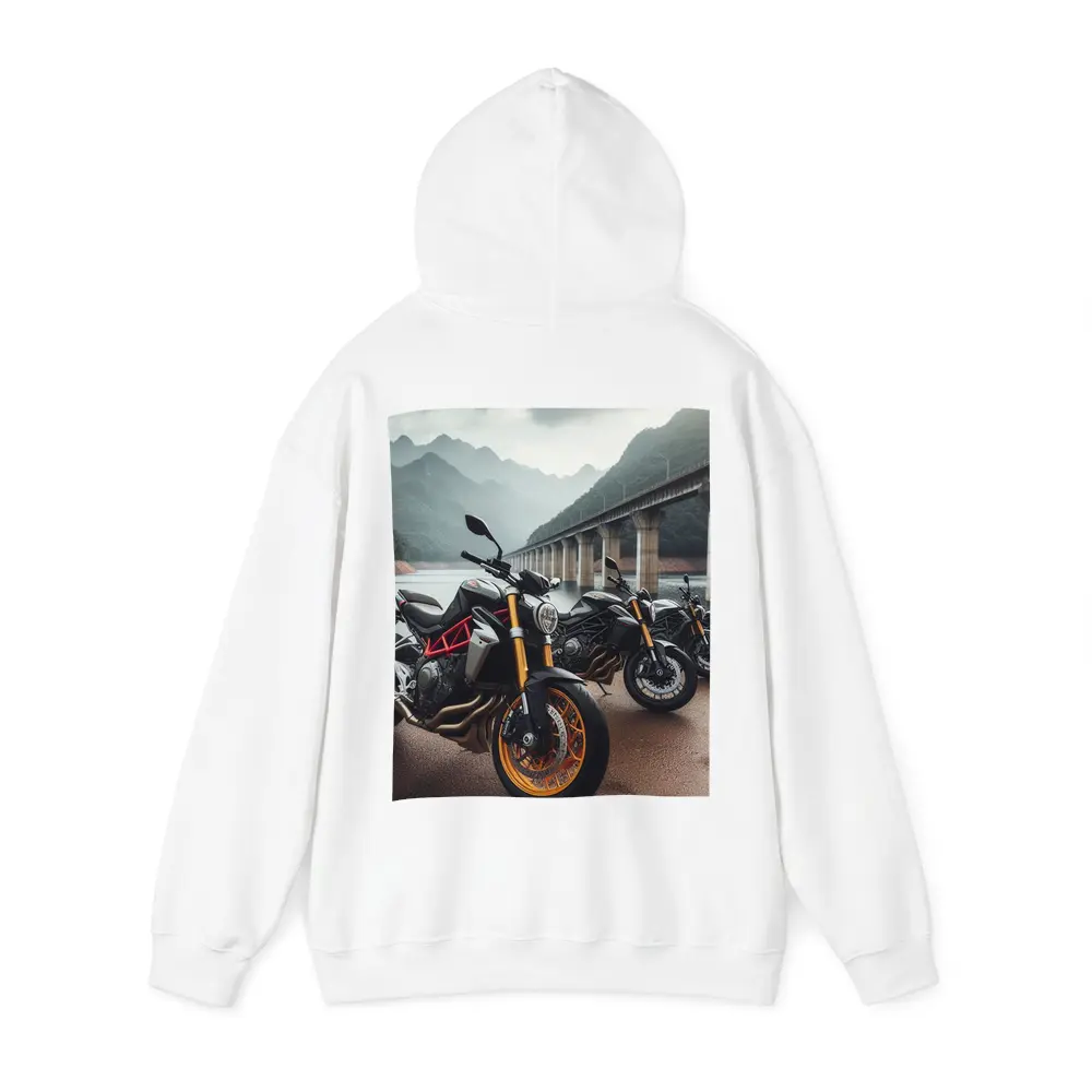 Naked Sport Bikes Parked By Mountain Bridge – Hoodies