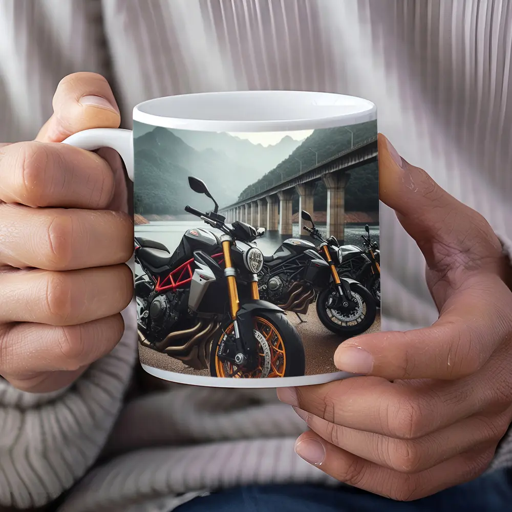 Naked Sport Bikes Parked By Mountain Bridge – Mugs